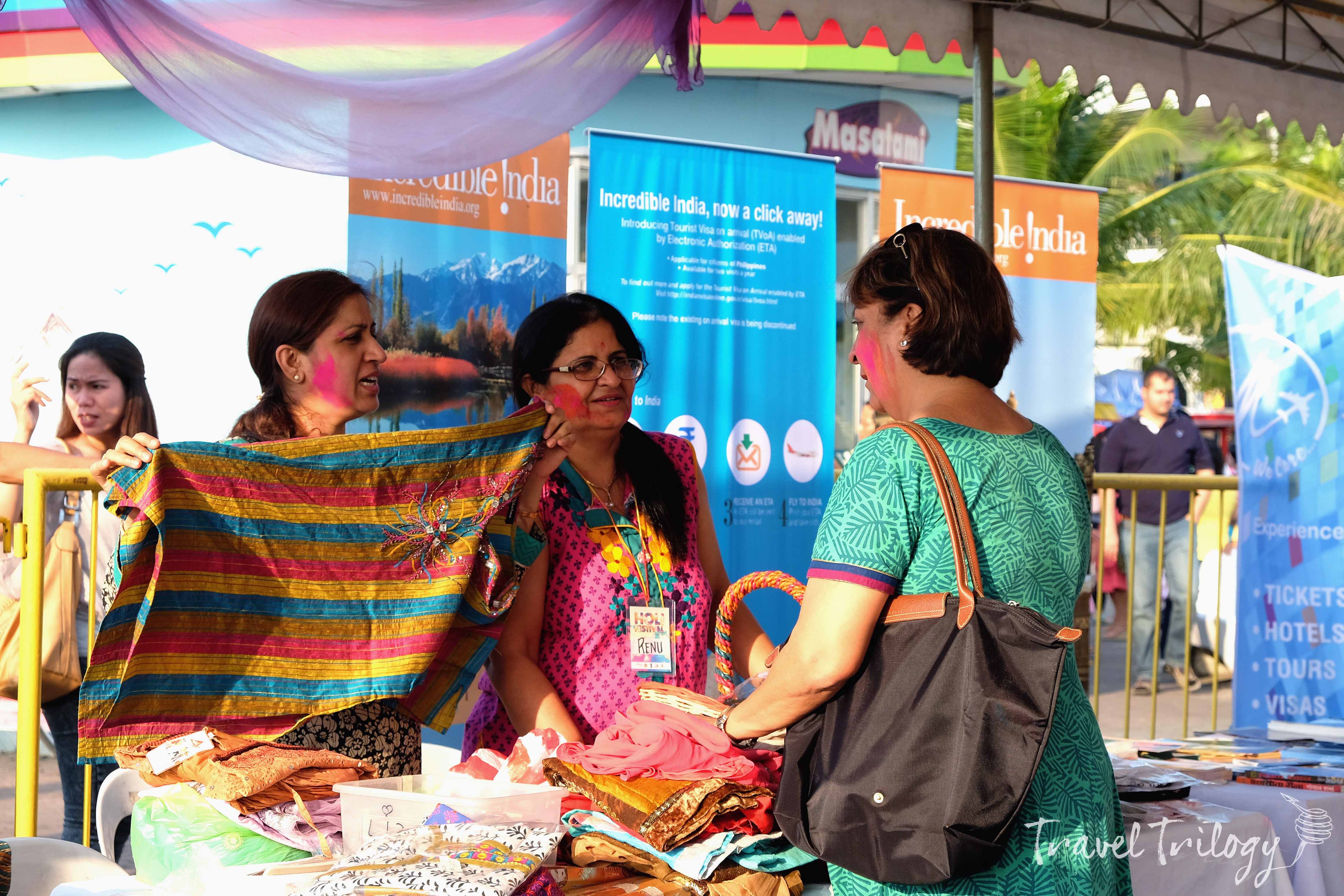 Exquisite Indian textiles up for sale during Holi Fest.